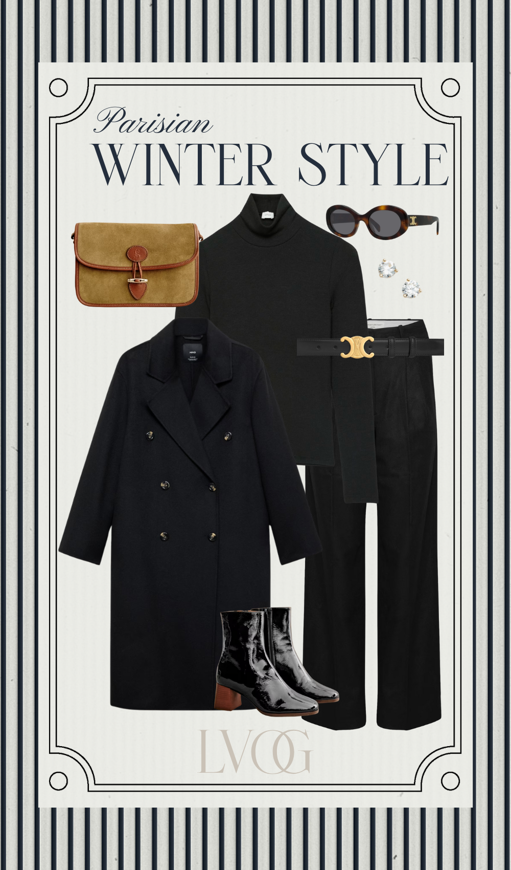 Womens' black turtleneck with black trousers for a chic and classic winter look.