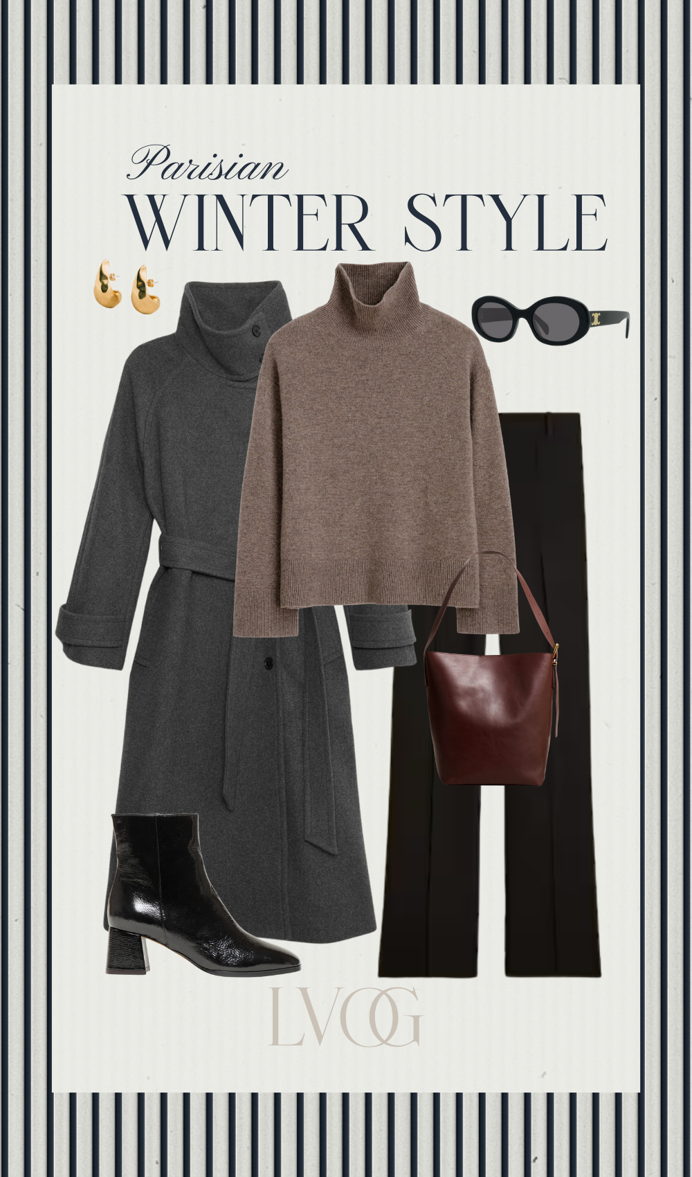 Graphic of grey coat with brown sweater and black pants for a Parisian winter style.