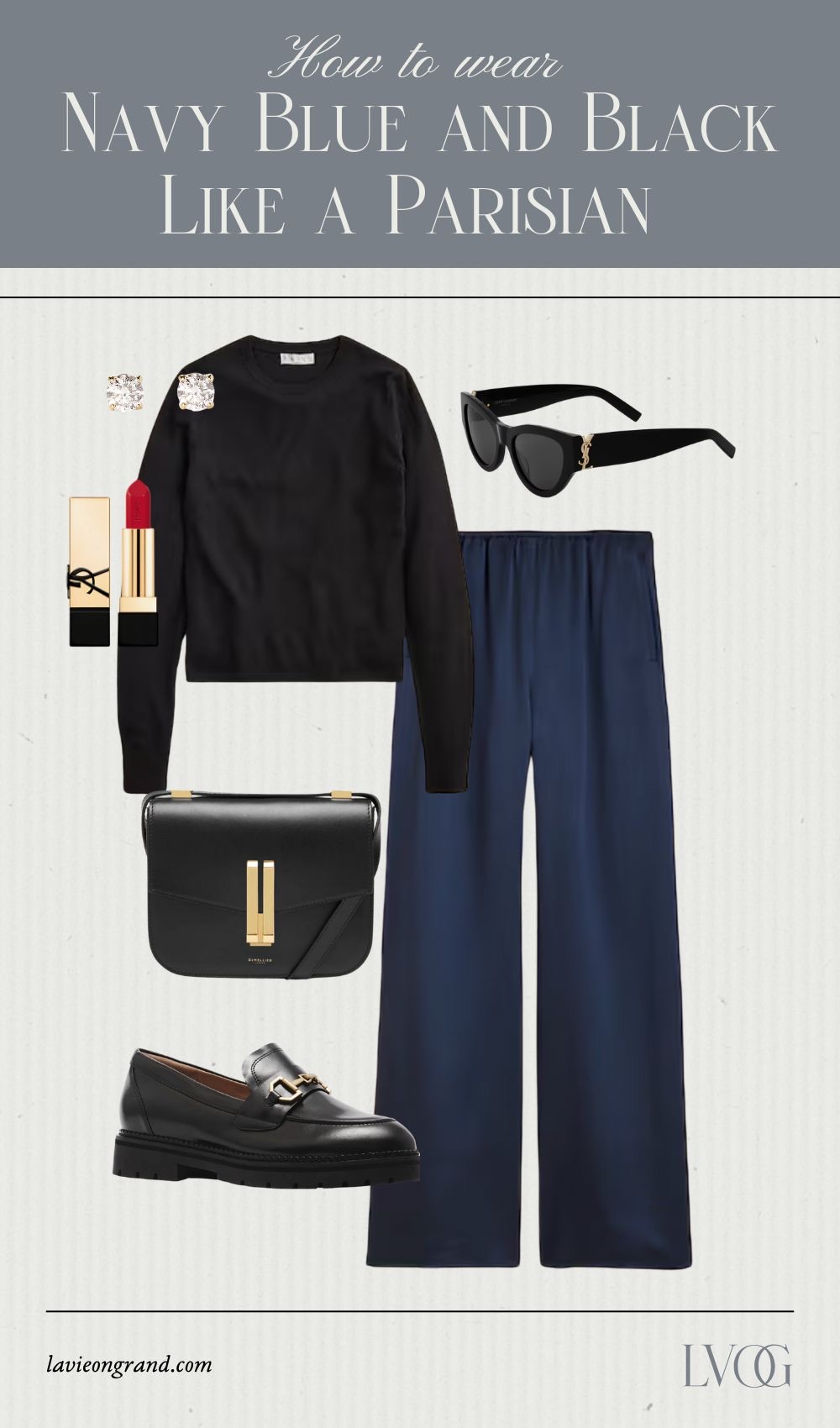 Graphic of navy pants with black sweater and loafers.