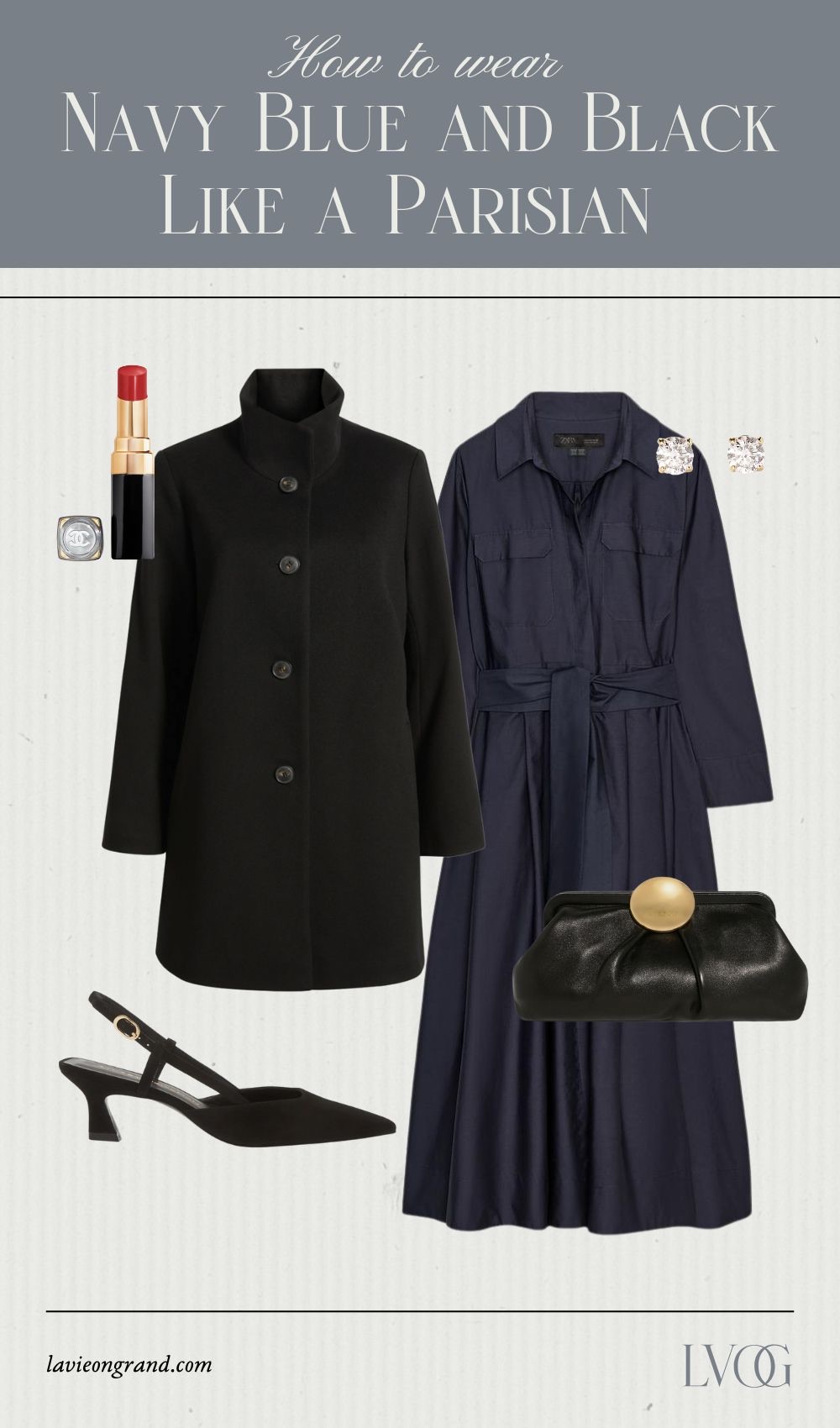 Graphic of navy blue trench with black dress and slingbacks.