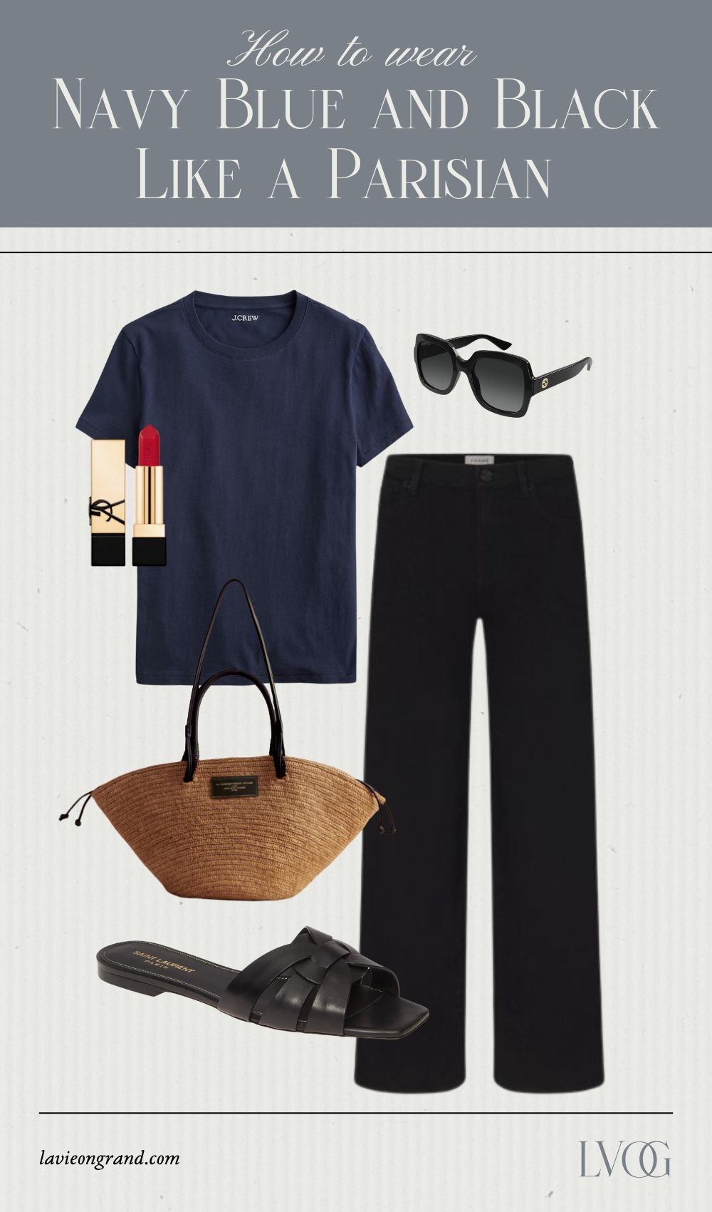 Graphic of navy t-shirt with black jeans and basket bag.
