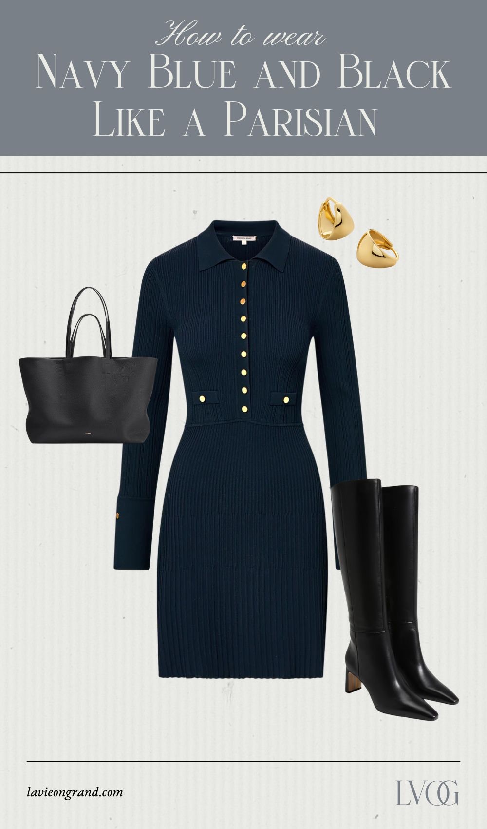 Graphic of navy dress with tall black boots.
