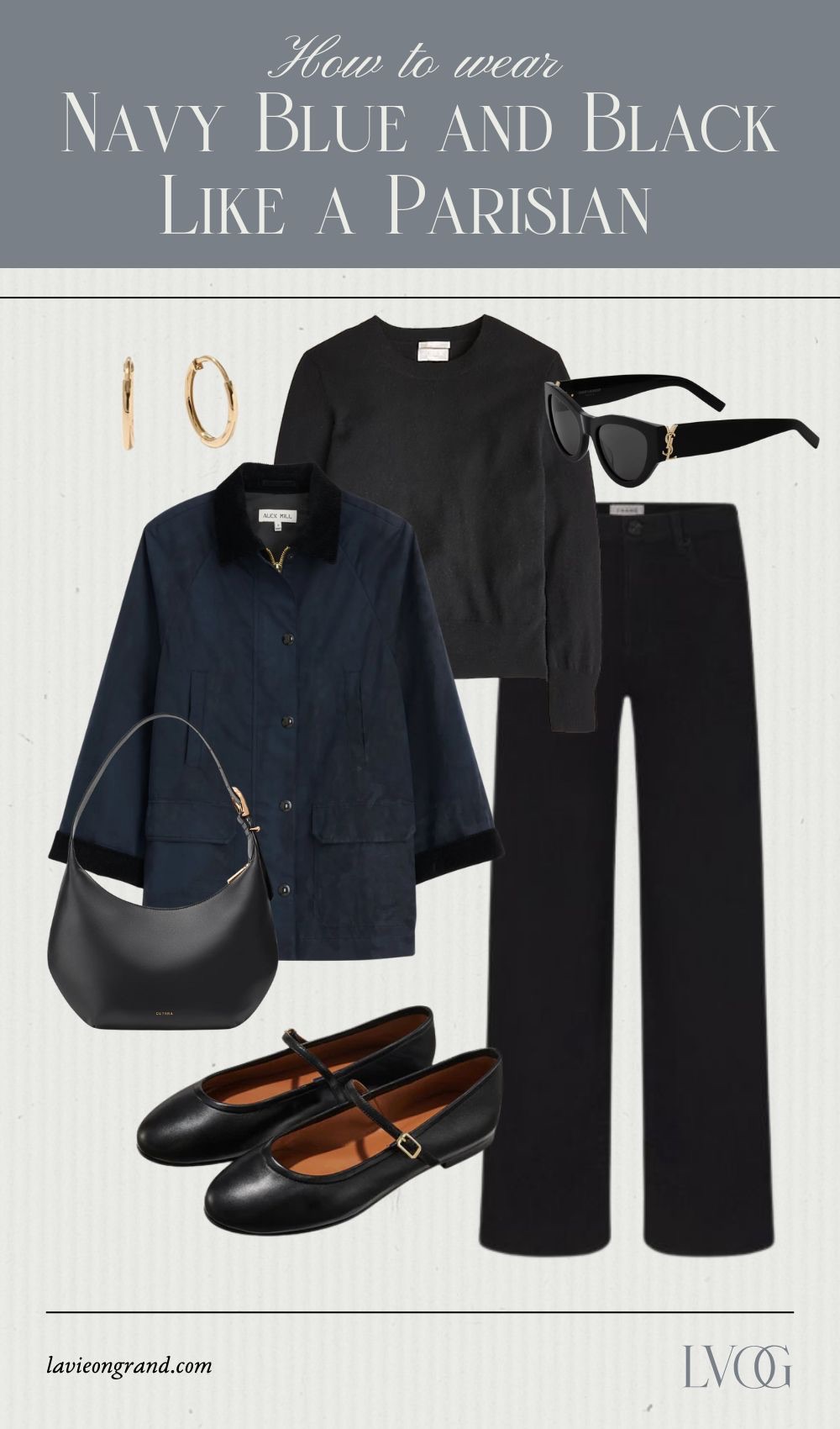 Graphic of black denim with navy coat and ballet flats.