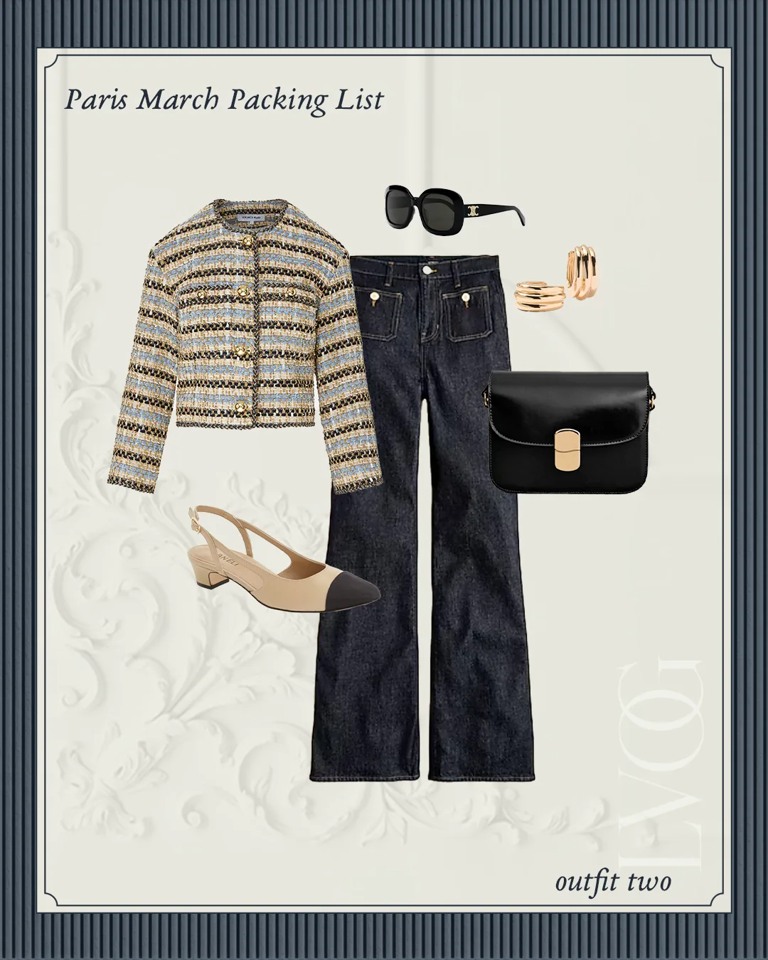 Tweed and dark denim outfit combination.