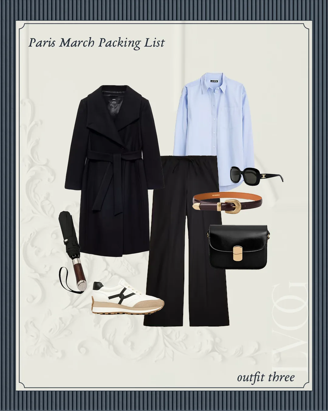 Easy outfit combination of black pants and blue button down.