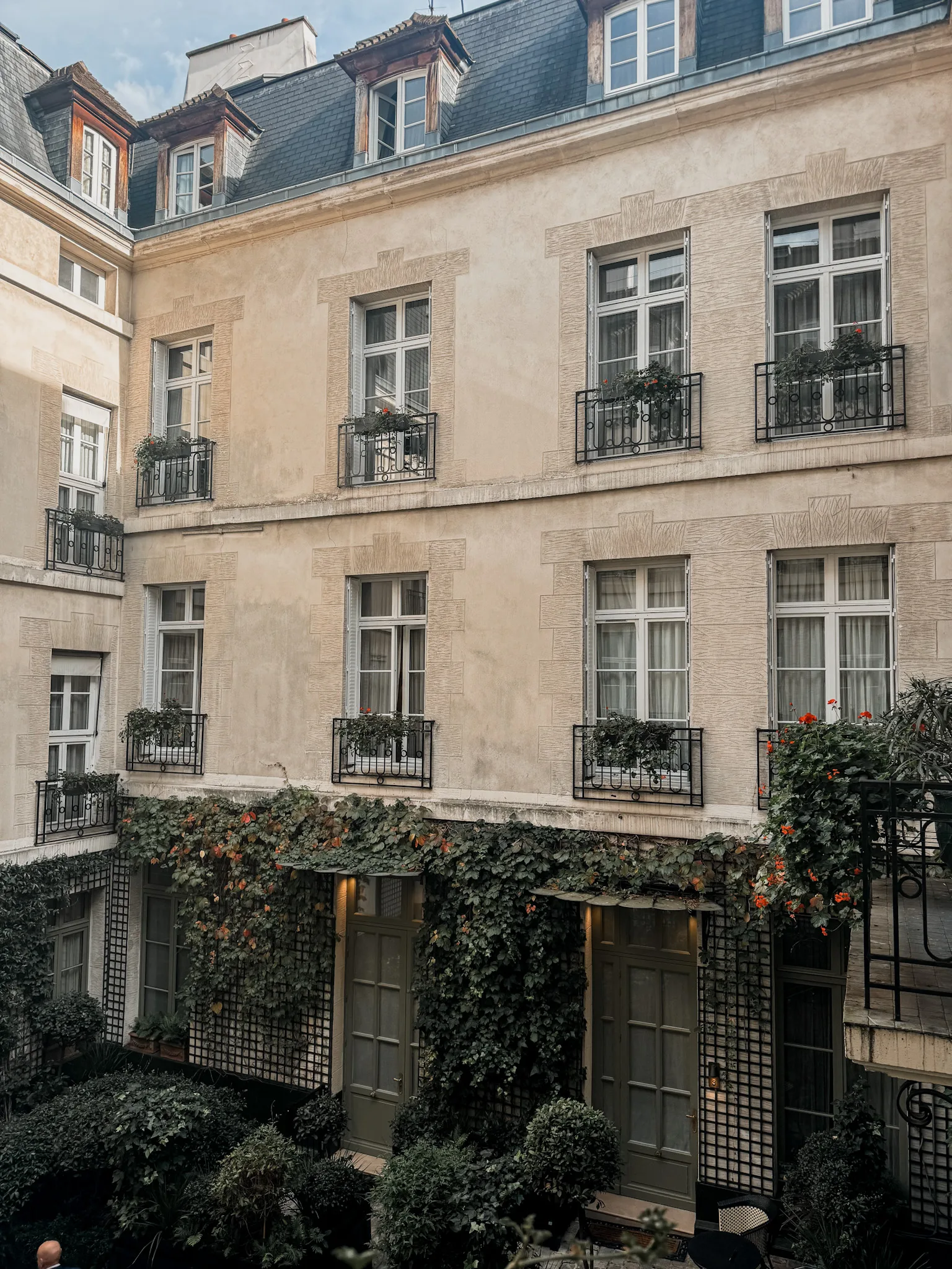 Courtyard shot of Relais Christine Hotel in Paris.