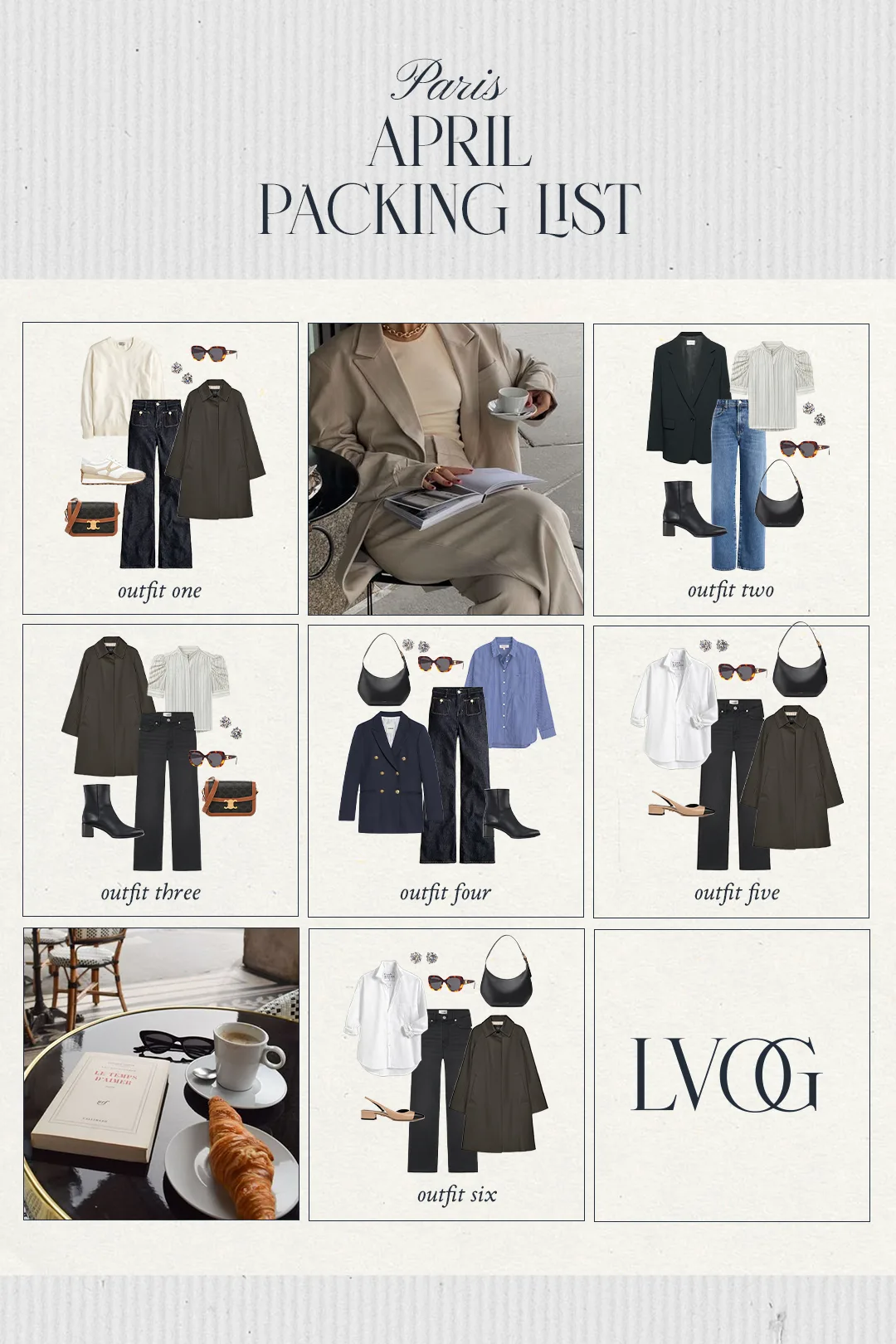 Graphic of pieces to pack for Paris in Spring.