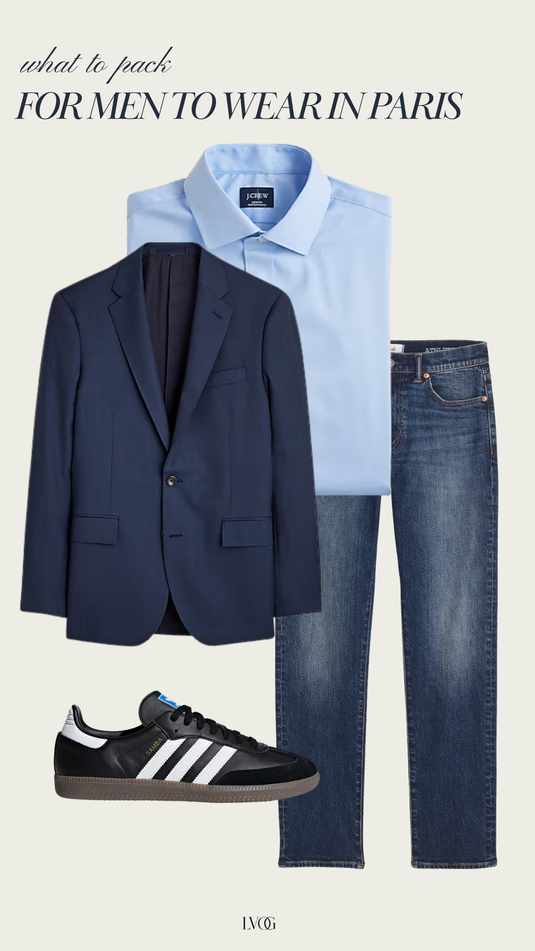 Navy coat, jeans, black sneakers, blue button down top for men to pack for Paris.