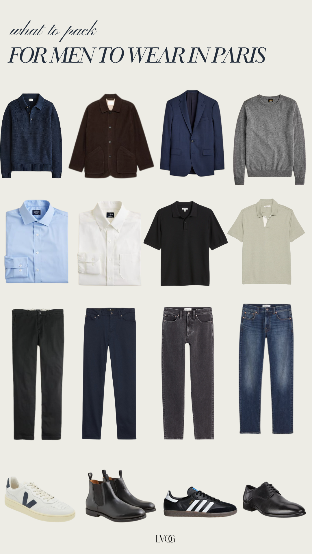 Graphic of Paris packing list for men to wear during any season.