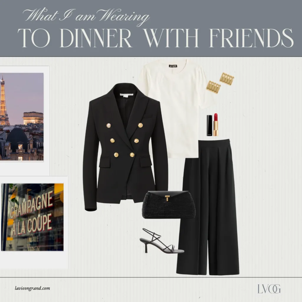 Graphic of black blazer with black pants, gold earrings, and black slingbacks.