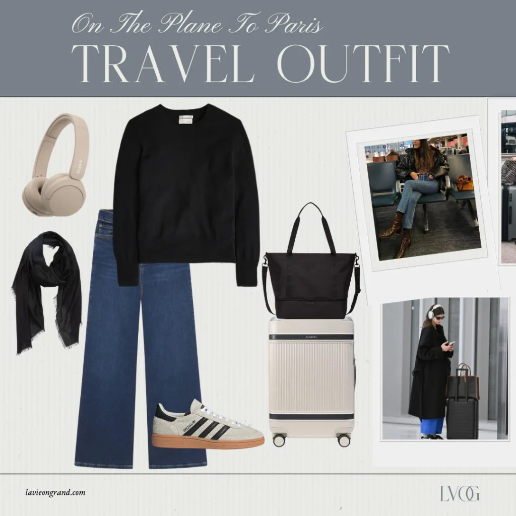 Graphic of sweater and denim with suitcase idea for Paris.
