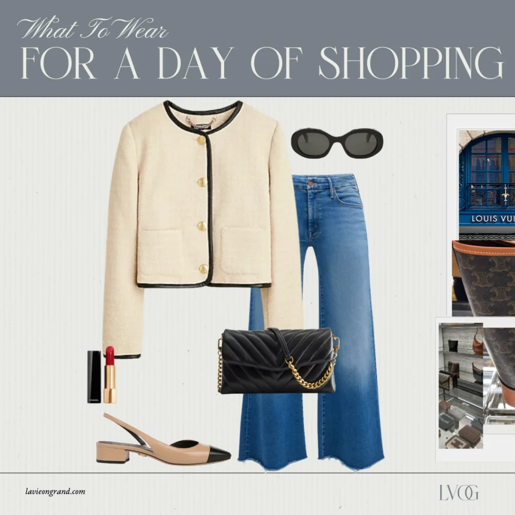 Graphic of tweed jacket with denim, slingbacks, and denim. 