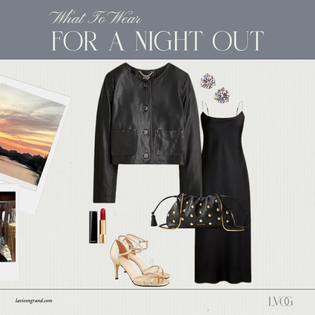 Graphic of leather jacket with black dress and gold shoes.