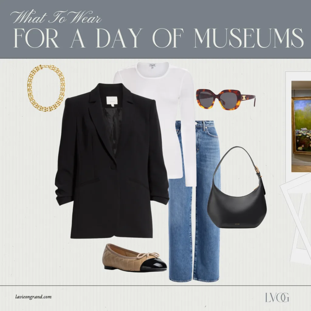 Blazer with denim, ballet flats, and black handbag.