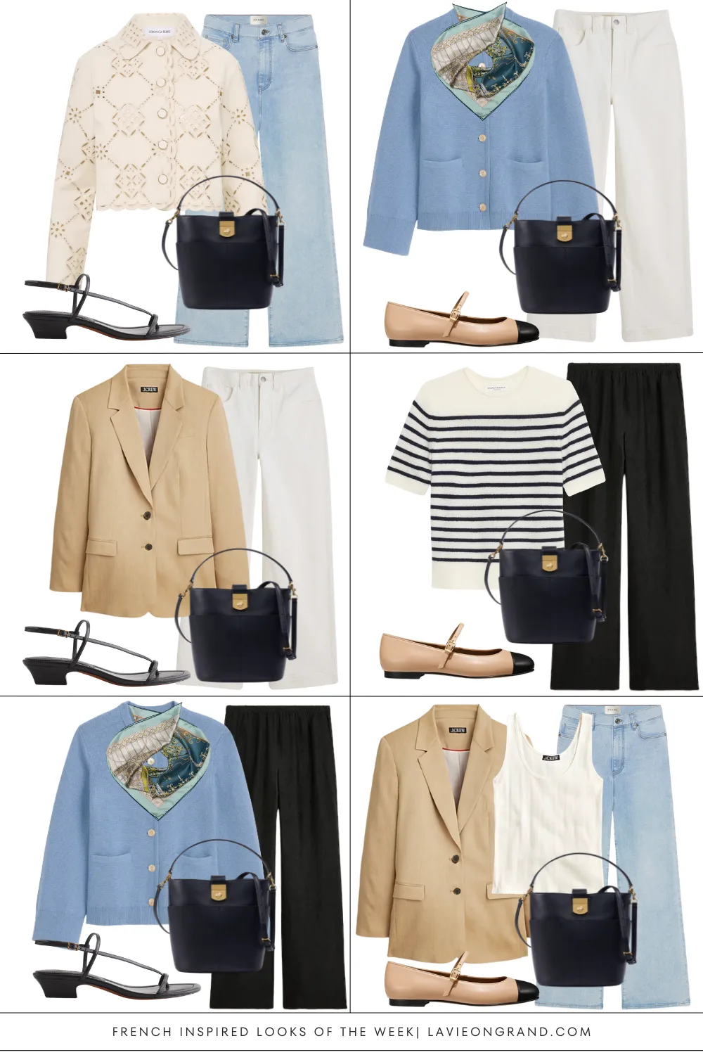 Graphic of 6 outfit combinations for french fridays. 