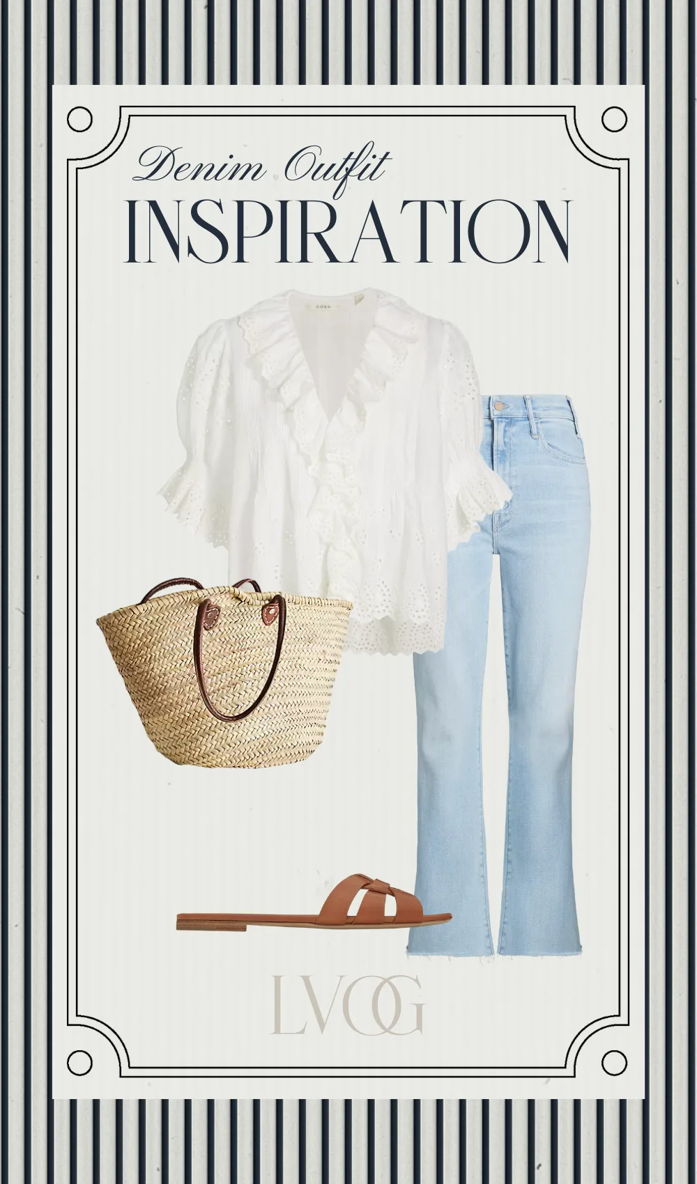white top with denim and basket bag.
