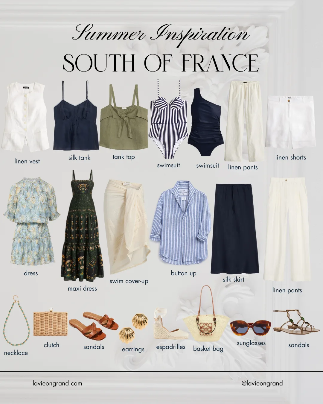 Graphic of clothing items to pack and wear in the south of France.
