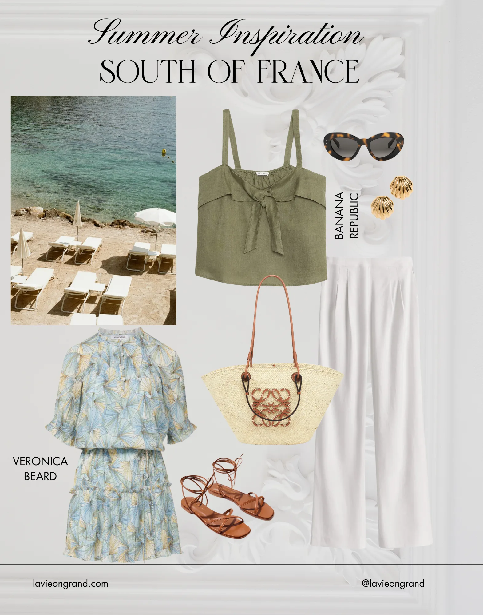 Linen top and bottom set graphic showing what to wear in the south of france this summer.