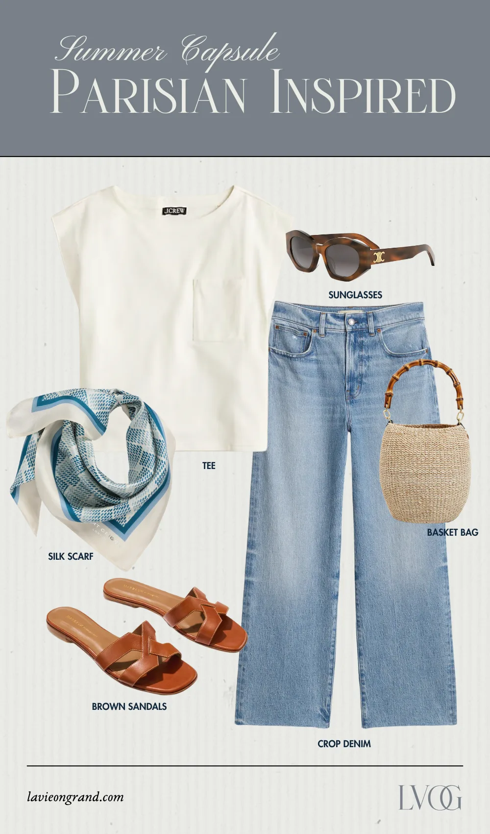 Denim, sandals, and tee graphic for french summer capsule.