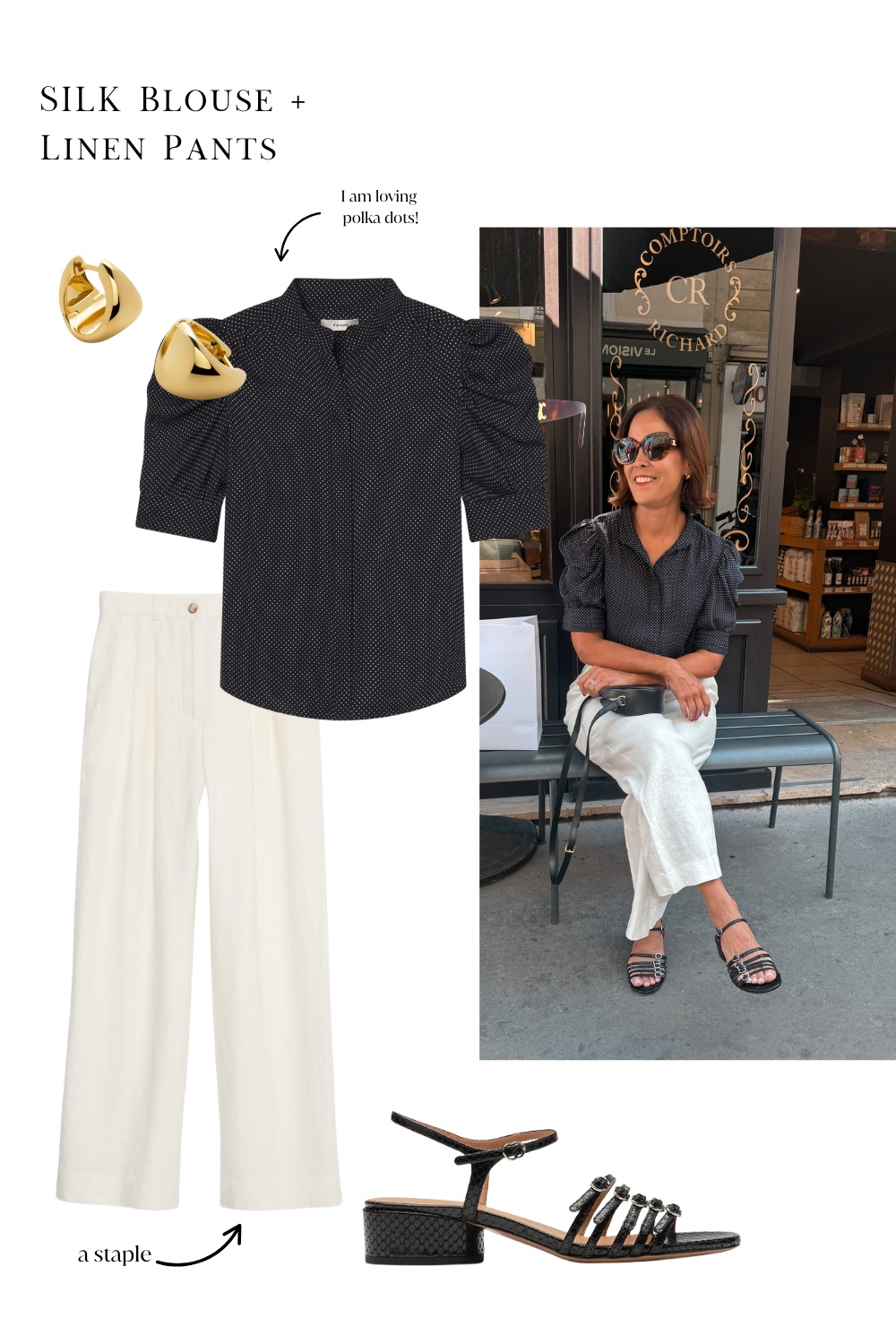 Woman in cream pants with black sandals and polka dot top.