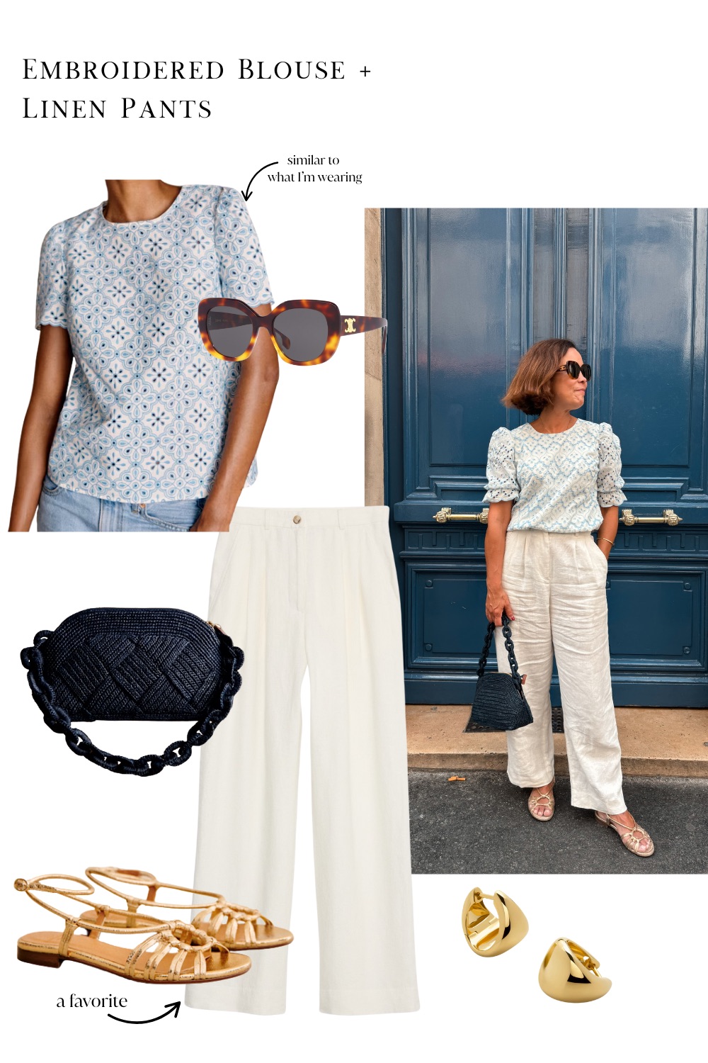 woman in eyelet blue top with cream pants and gold sandals in front of a blue door.