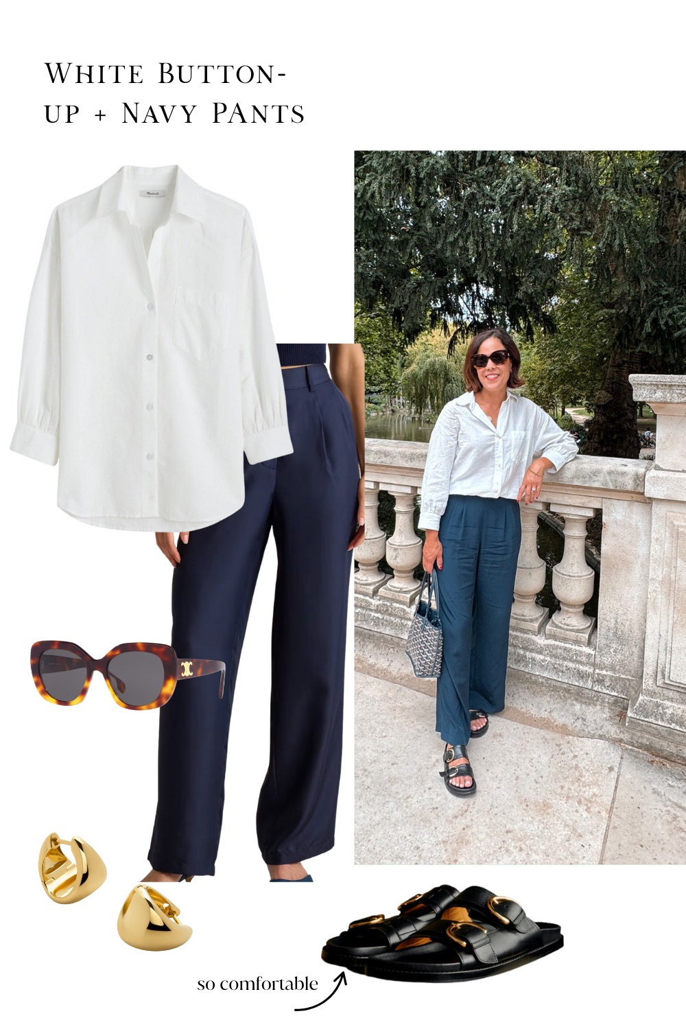 Woman in navy silk pants with white button down and black sandals standing on a bridge.
