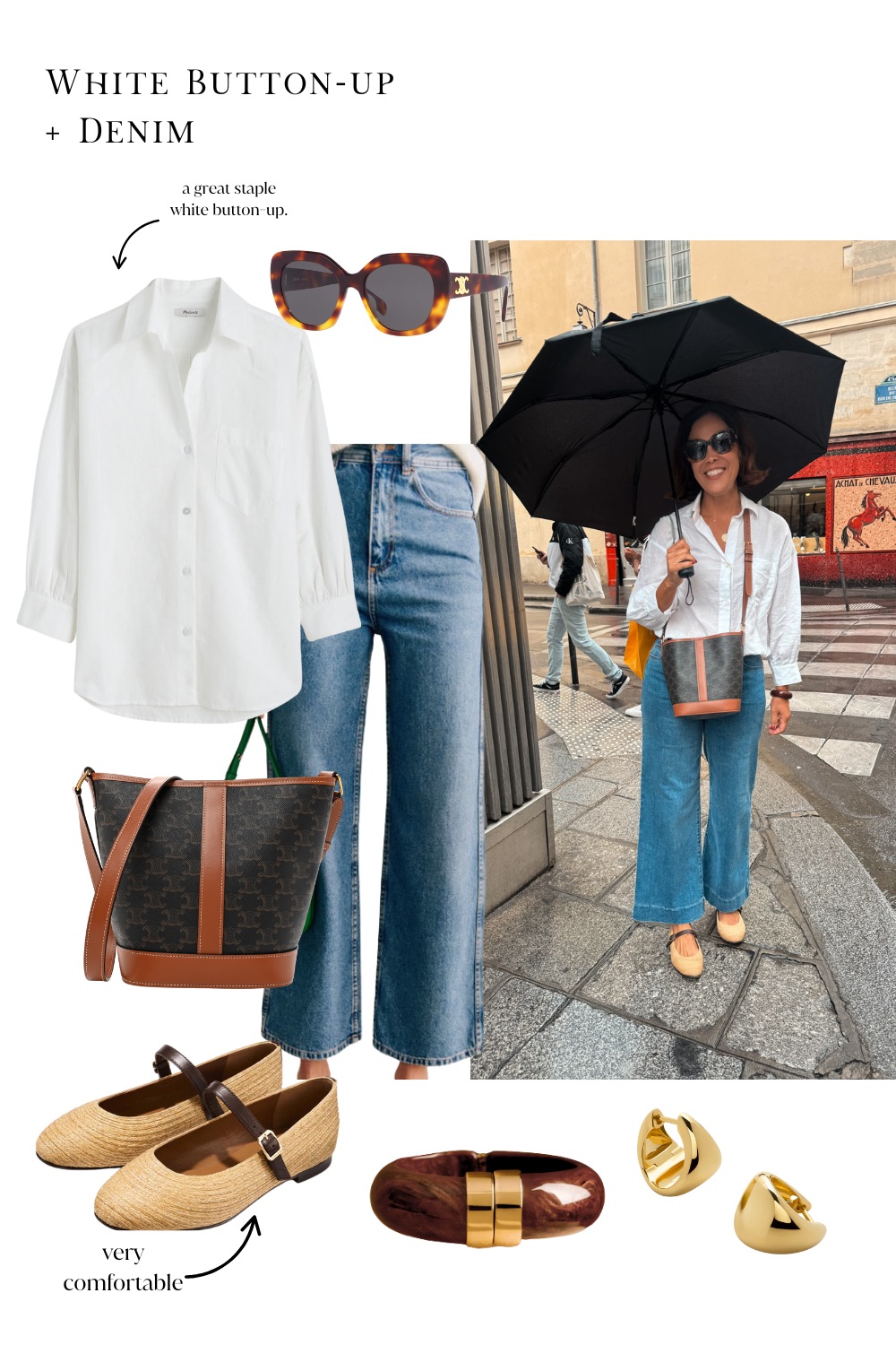 Woman holding umbrella with denim, raffia ballet flats and bag in Paris in July.