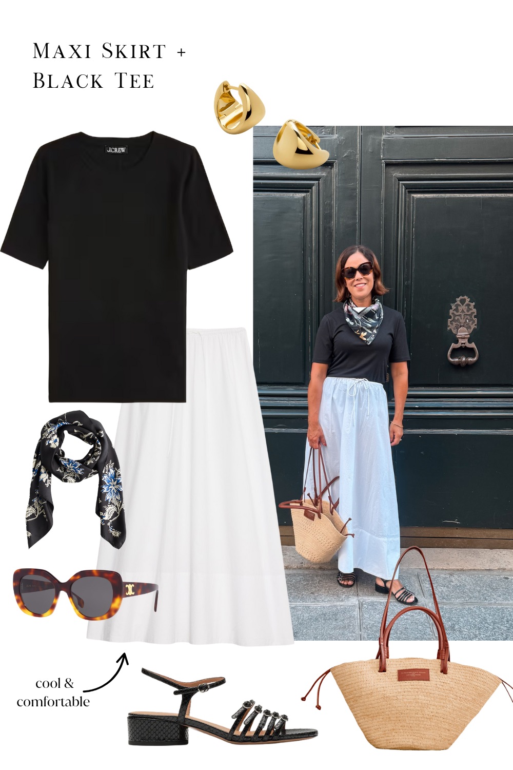 Woman in white skirt with black top, basket bag, sandals, and sunglasses in July.