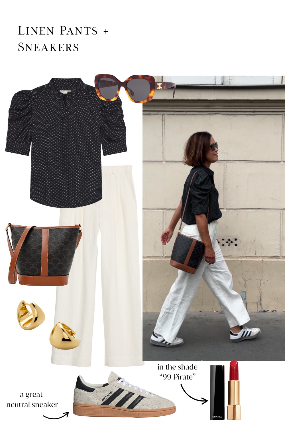 Woman in white pants with sneakers and polka dot top in July in the city of light.