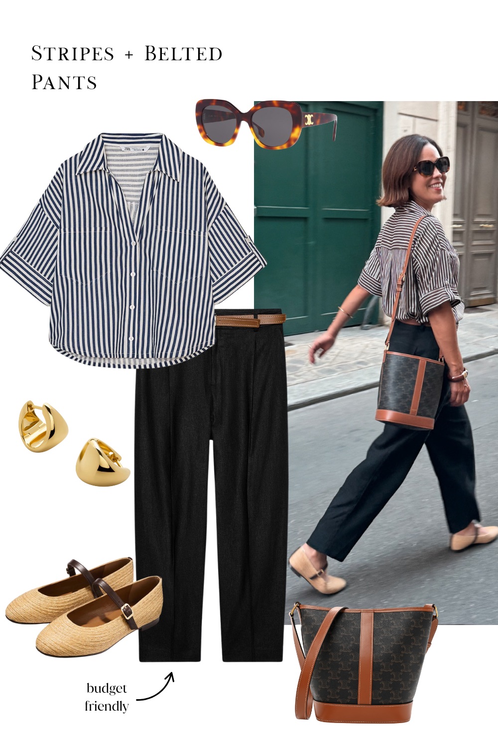 Woman wearing striped top, black pants and flats.