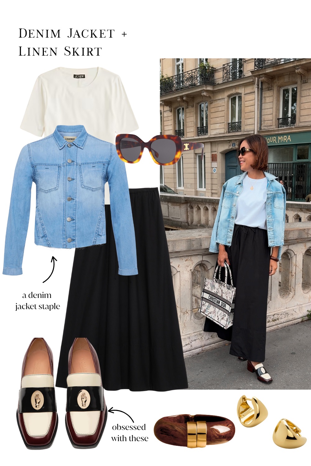 Woman in denim dress with loafers and black skirt in the city of light in the summer.
