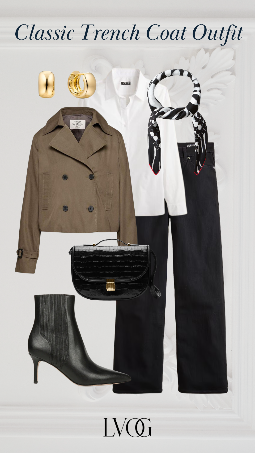 “Cropped taupe trench with white shirt, black wide-leg jeans, silk scarf, black kitten-heel boots.”