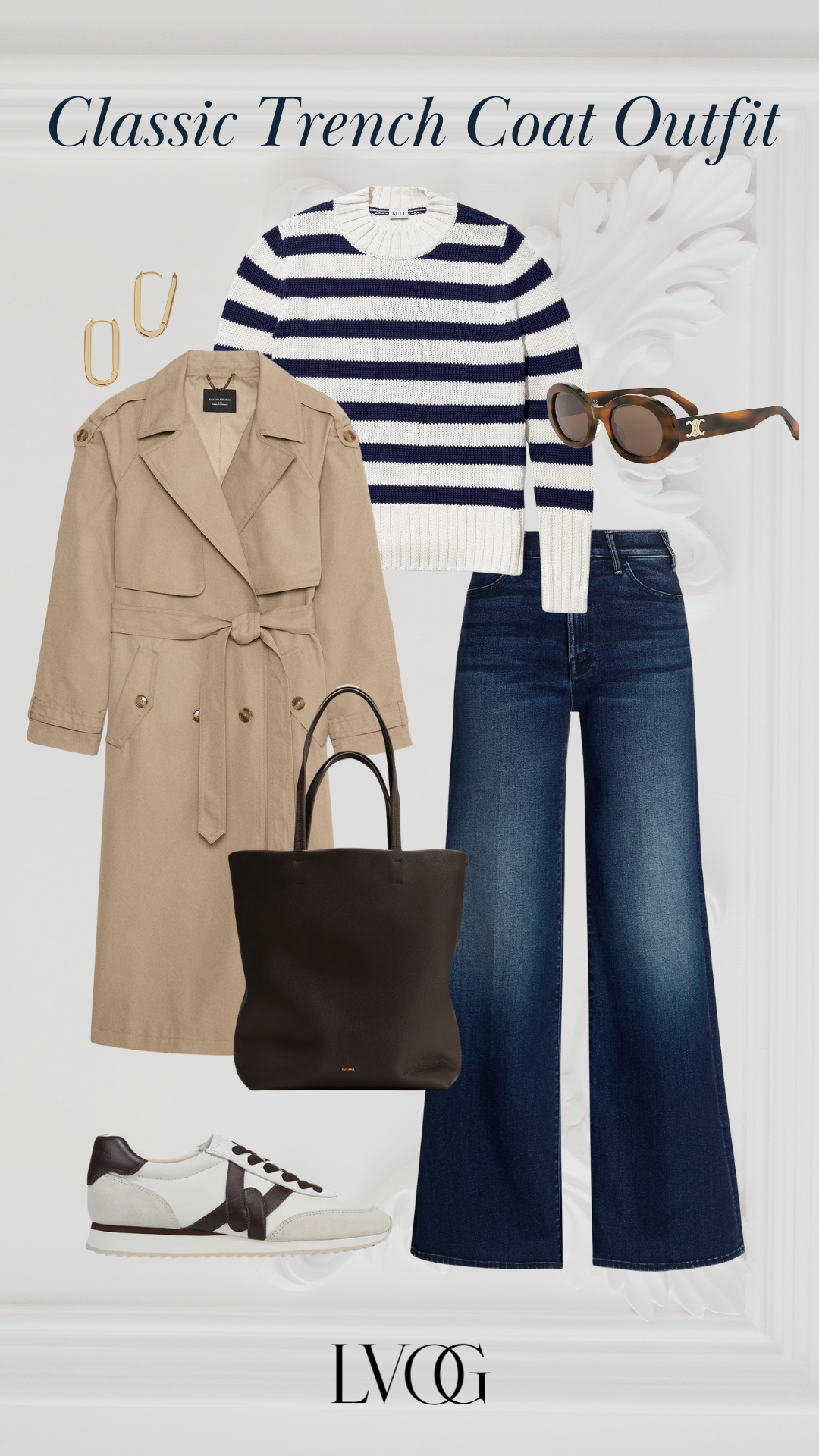 Camel trench with navy striped sweater, dark wide-leg jeans, retro sneakers, brown tote.