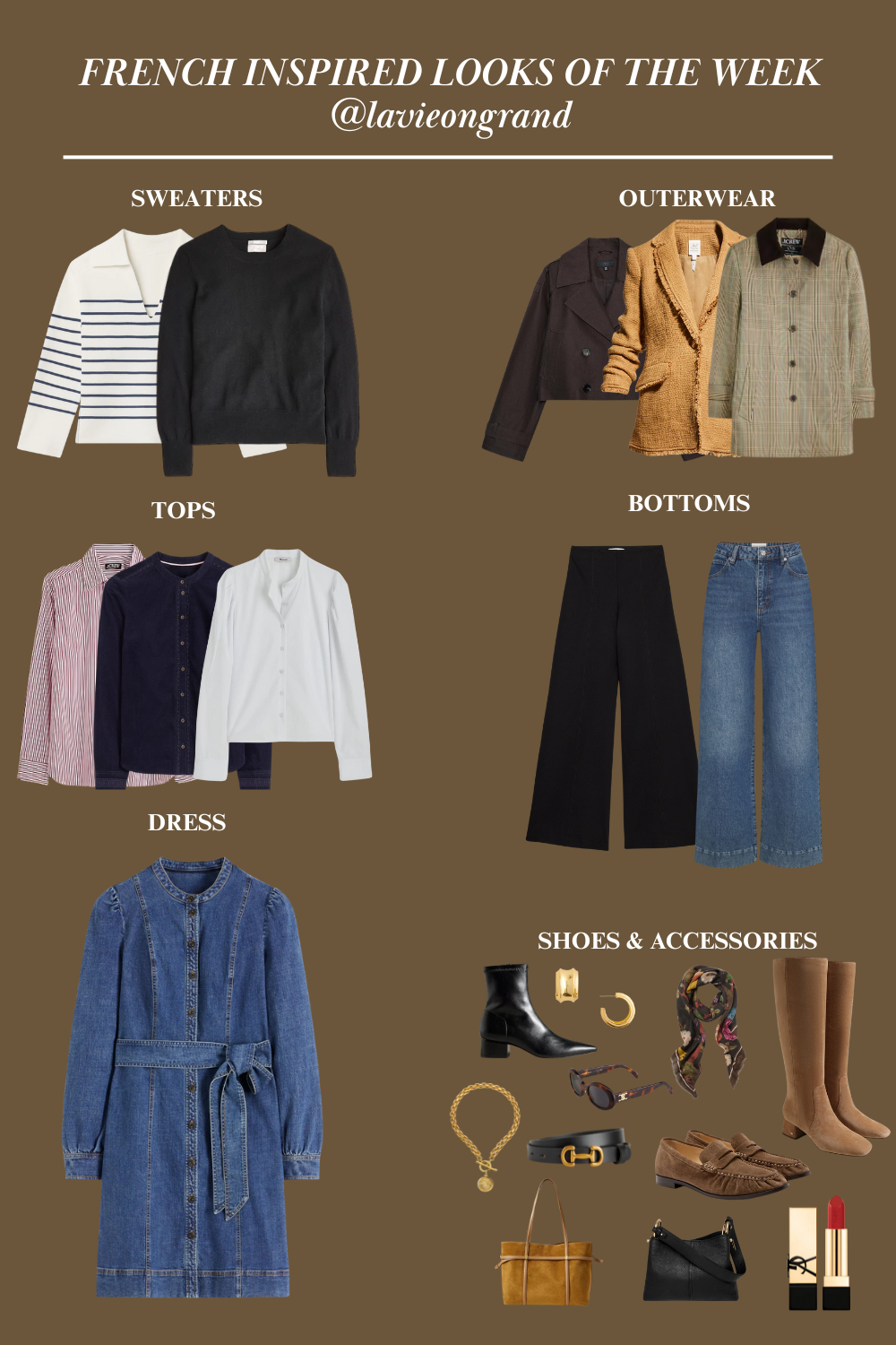 Clothing items on a graphic for french fridays by la vie on grand.