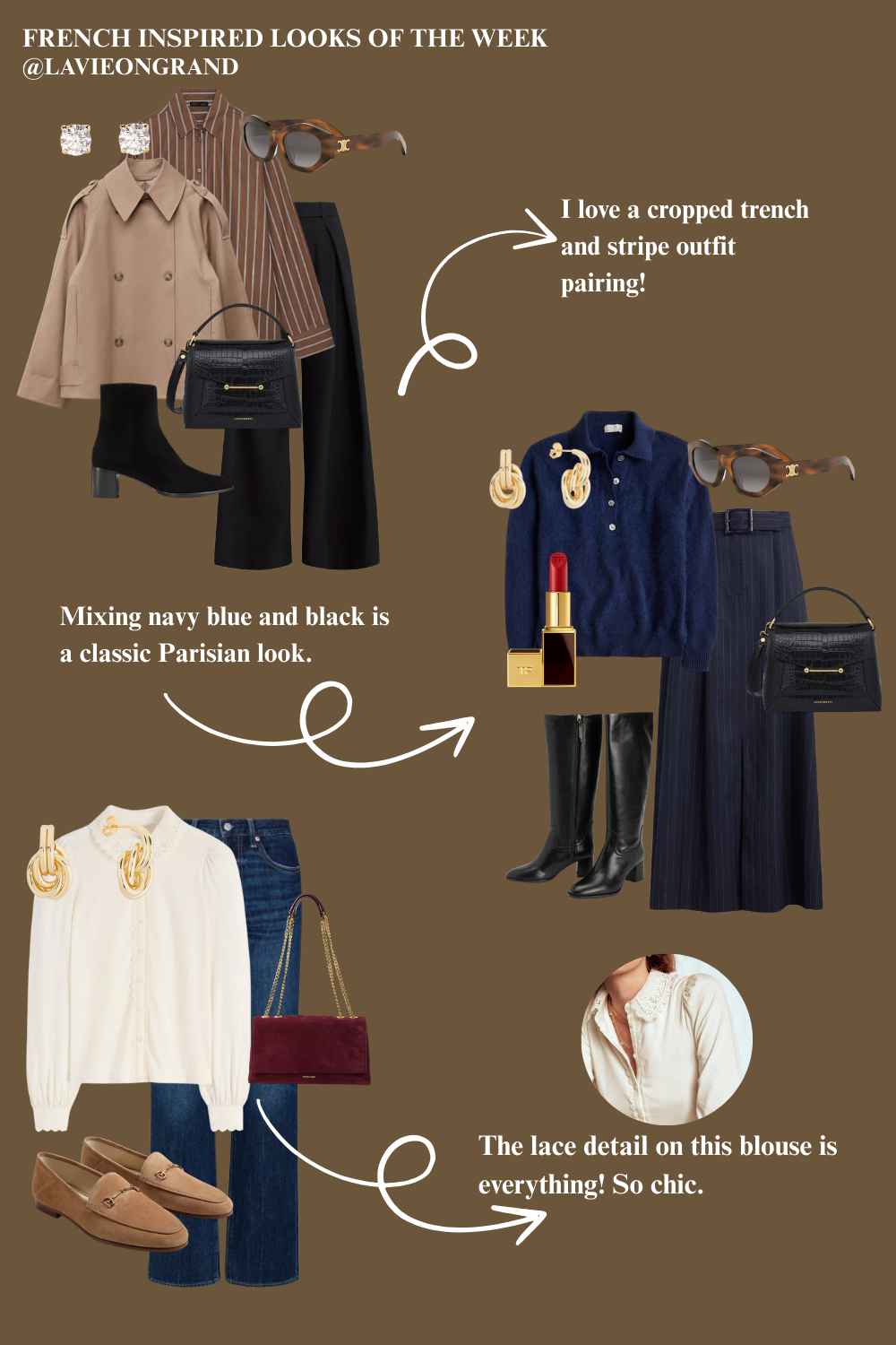 6 French inspired looks Graphic of clothing items for fall and autumn that are French inspired.