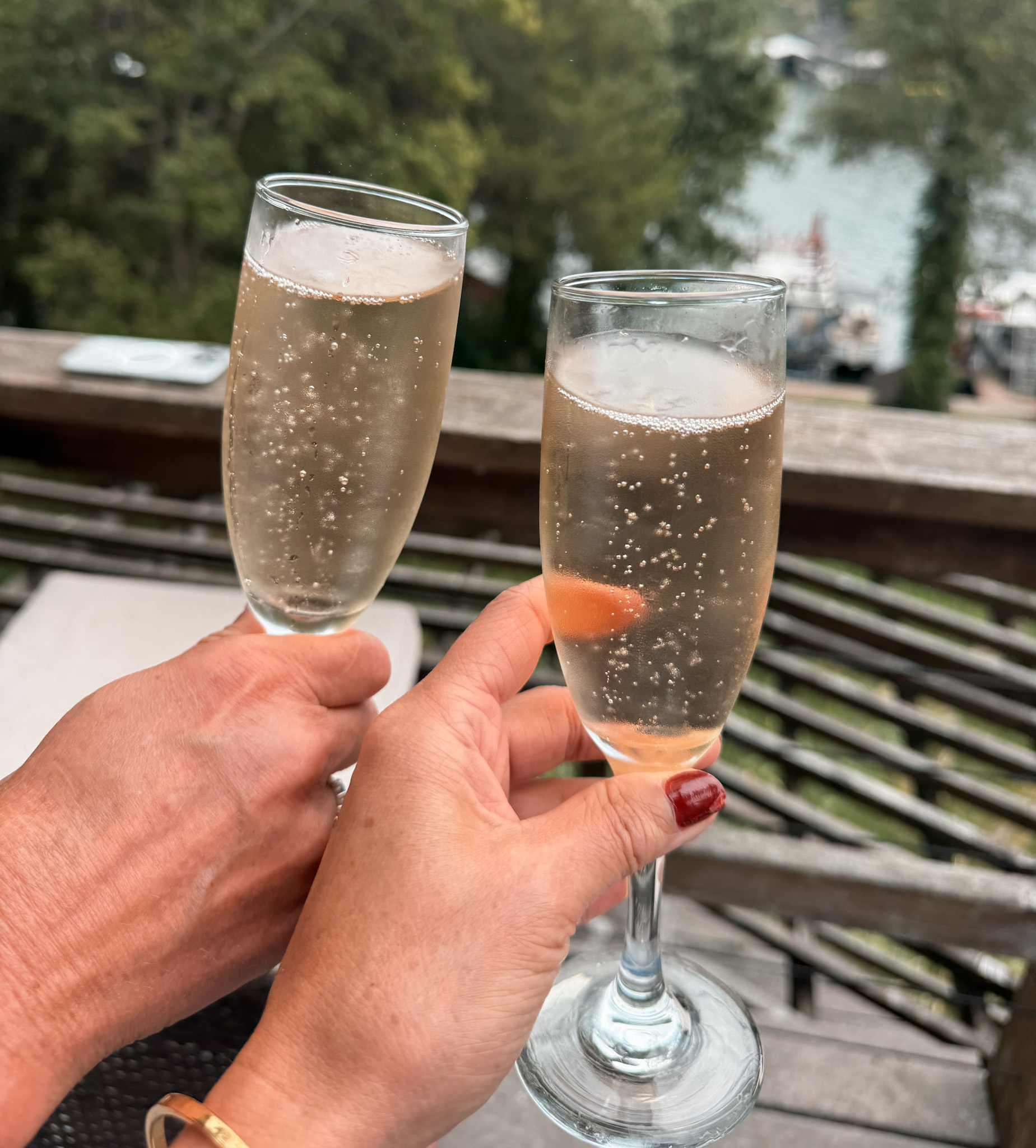 Two champagne glasses toasting eachother.