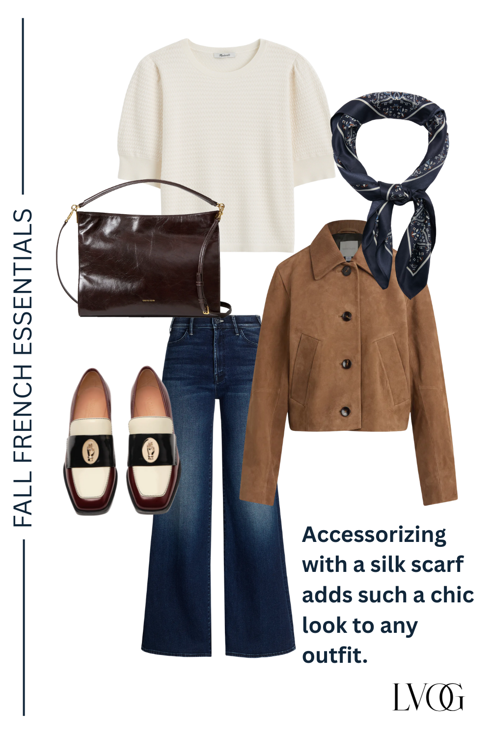 Womens suede jacket with denim, loafers, sweater, and bag for french fall essentials.