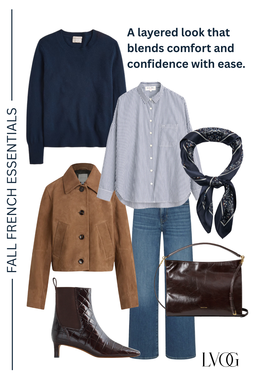 Graphic of suede jacket with stripe blouse, denim, and boots.
