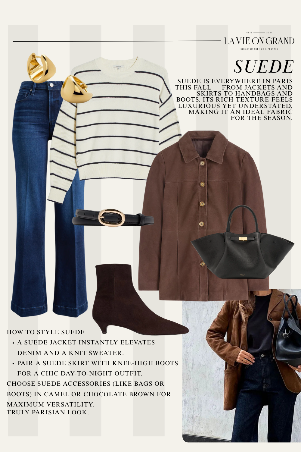 Suede jacket with stripe sweater and boots.