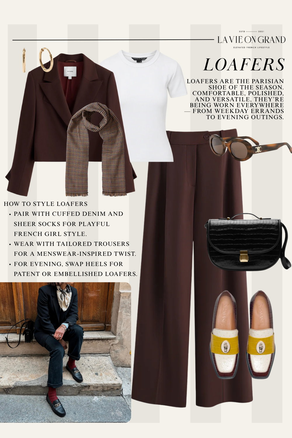 Graphic of outfit of loafers, black bag, and jacket and pants for a fall trend to wear in Paris.