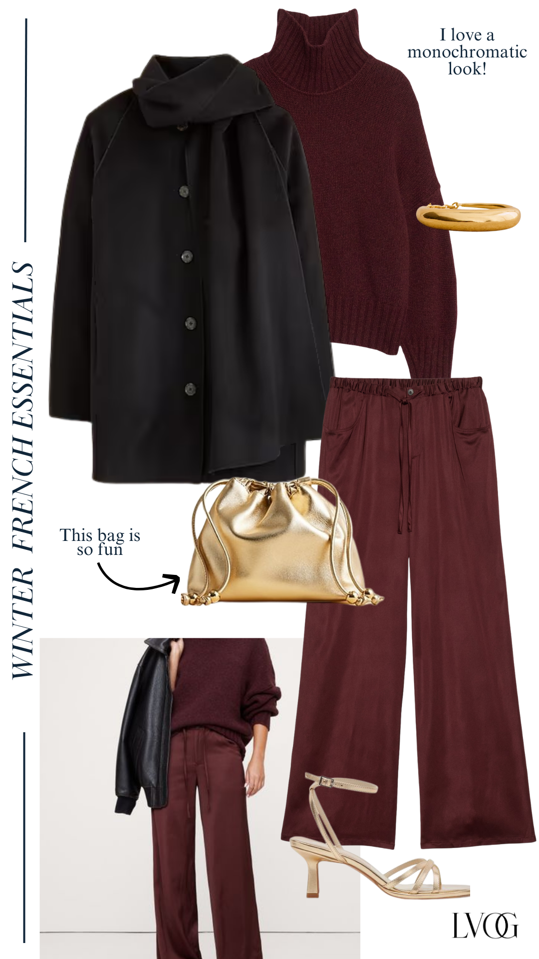 Chic winter outfit of monochromatic burgundy pants and sweater.