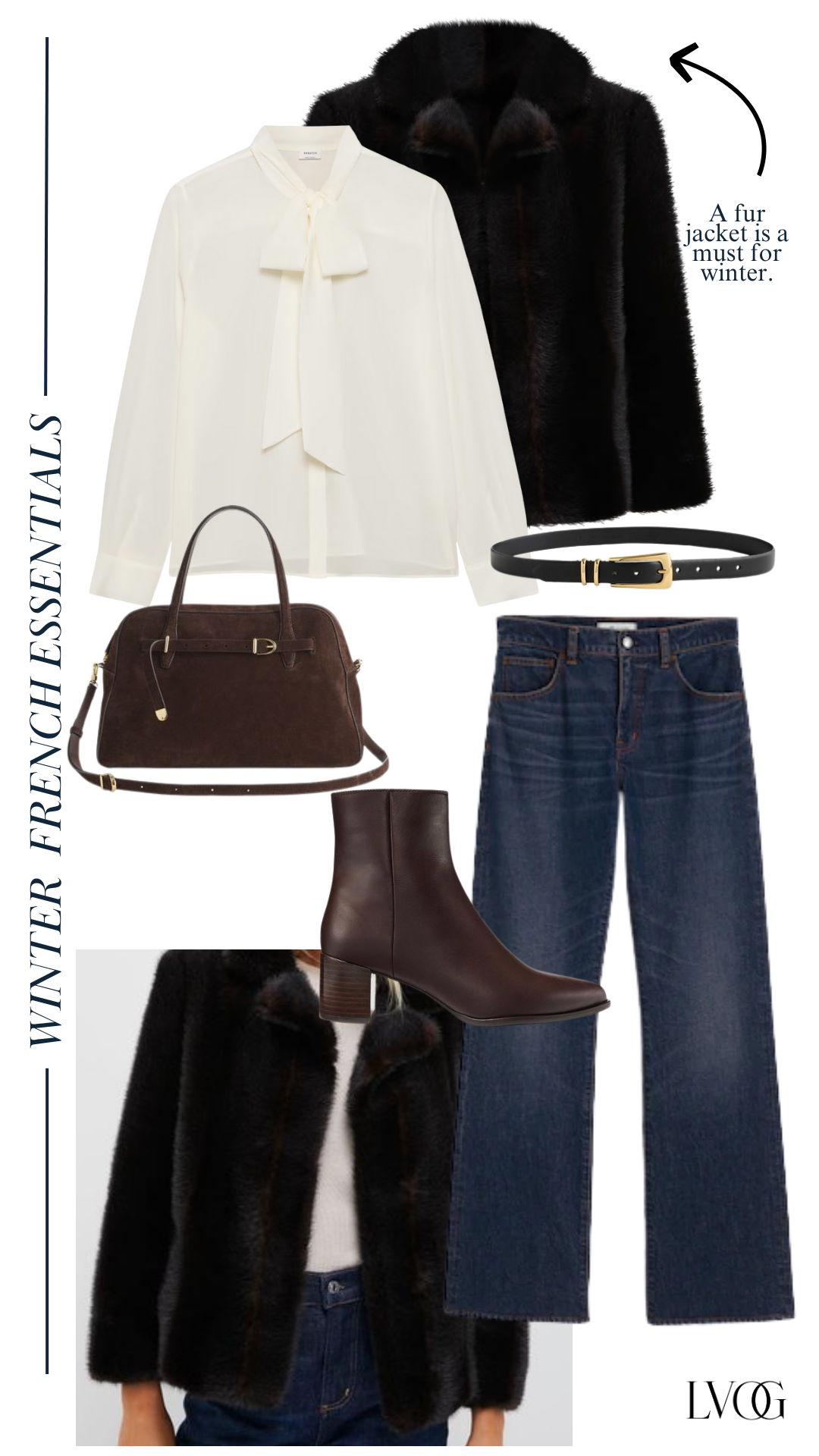 Graphic of french outfit for winter to wear in Paris, cream shirt with denim, brown boots, and bag.