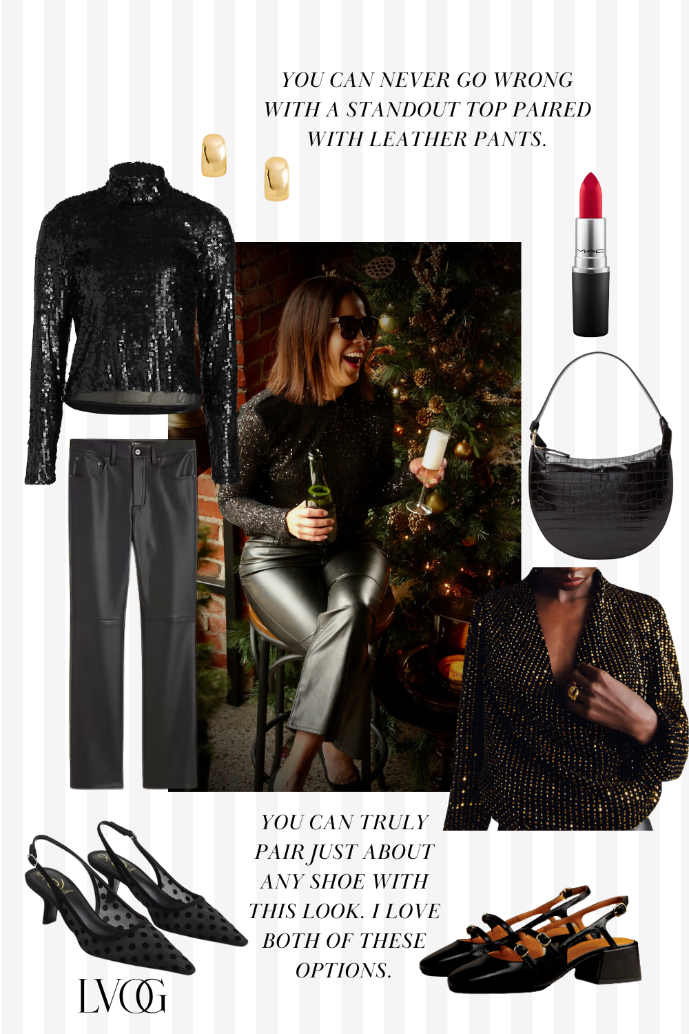 Woman holding champagne wearing black sequin top with black leather pants.