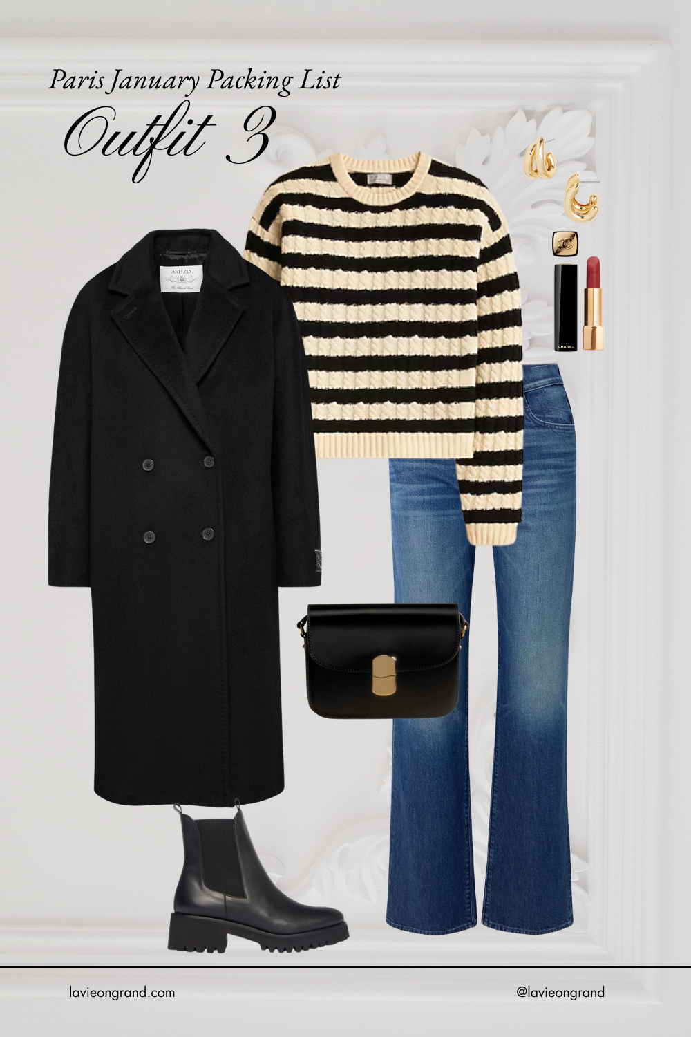 Graphic of stripe sweater with denim, black coat, and handbag.