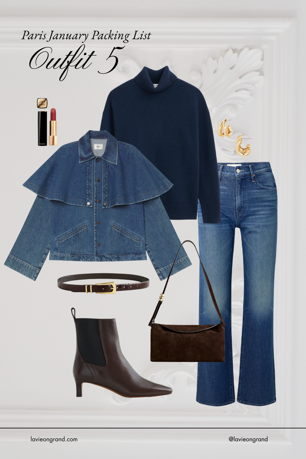Graphic of denim jacket with blue jeans, navy sweater, and boots.