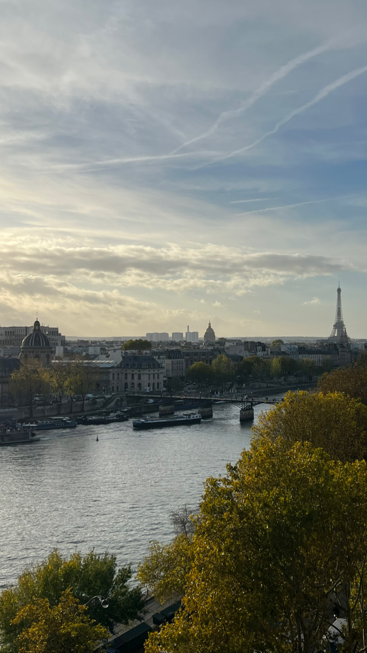 Arieal photo of Paris in the fall with the Seine and the Eiffel Tower in the background.