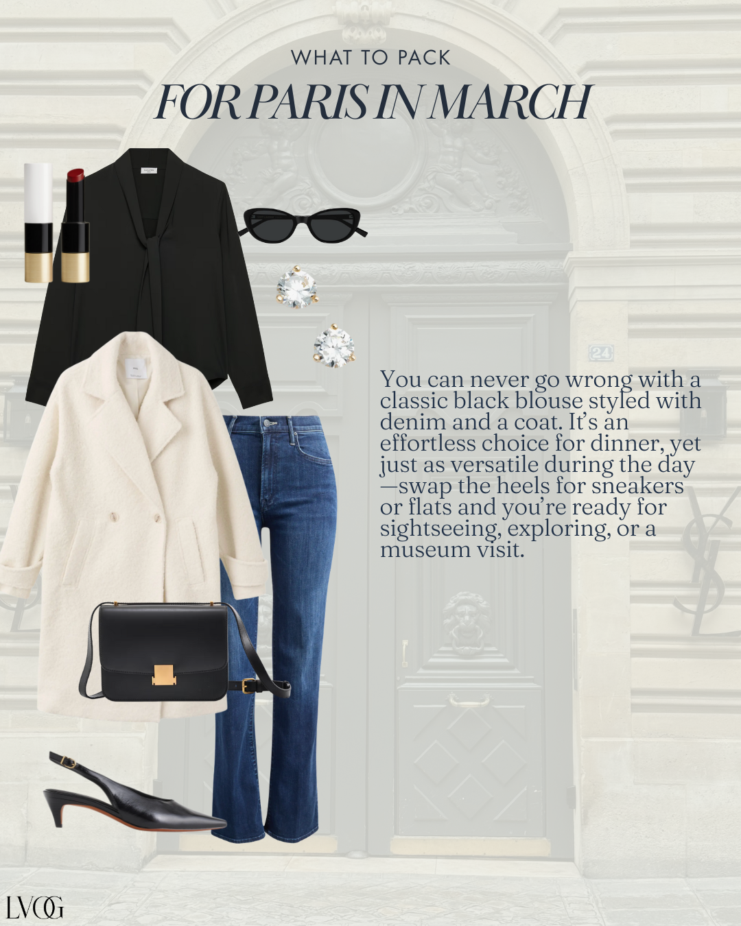 Paris March outfit with black blouse, cream coat, straight-leg denim, black crossbody bag, and slingback heels