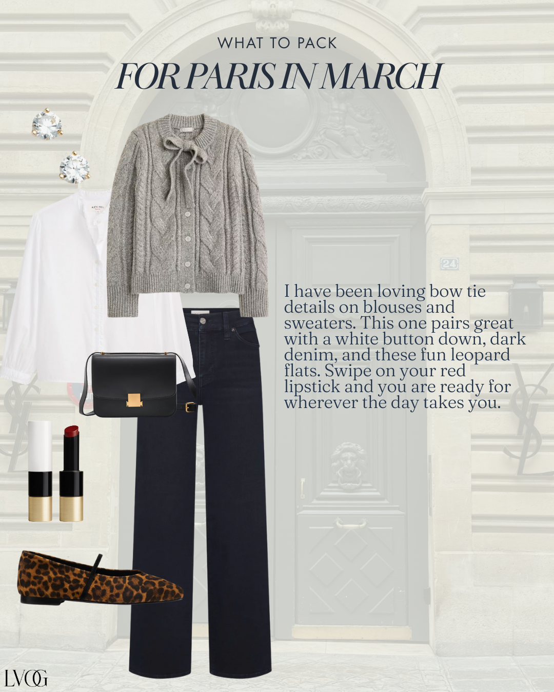 Paris March outfit with grey bow cardigan, white button-down, dark denim jeans, black crossbody bag, and leopard flats