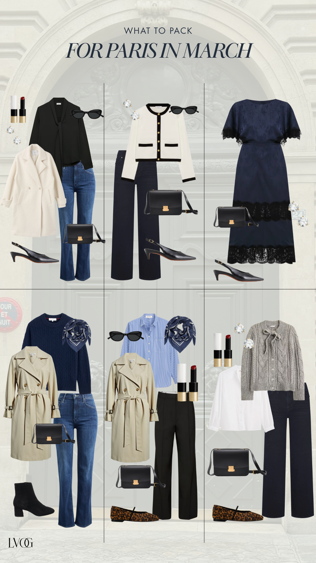 Paris outfits for March showing how to style a trench coat, sweaters, blouses, jeans, black pants, and a crossbody bag for rainy days and unpredictable weather.